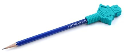 ARK® Beiß- und Kauaufsatz für Stifte in verschiedenen Stärken und Formen + Bleistift inkl. Logostar® Praxisleitfaden - Sensory Kauaufsatz, Beißblock, Kauen, Zahnen (mittel, türkis, Roboter)