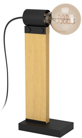 EGLO Tischlampe Bailrigg, rechteckige Tischleuchte, FSC100HB | Wohnzimmerlampe aus Holz in Natur und Metall in Schwarz, Nachttischlampe mit E27 Fassung
