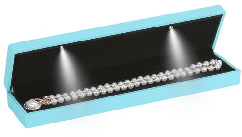 LETURE Long Chain Necklace Jewelry Gift Box Case with LED Light, Elegant Velvet Necklace Pendant Bracelet Box for Jewelry Display Wedding Engagment Valentine's Day (Daphne Blue)