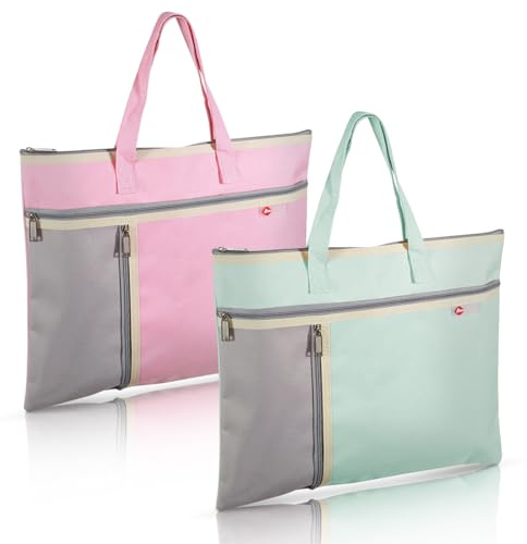 Realand Lot de 2 sacs à documents A4 étanches à 3 poches Oxford à fermeture éclair pour organiser avec poignée, sac de notaire pour livres en papier, sac fourre-tout, vert et rose