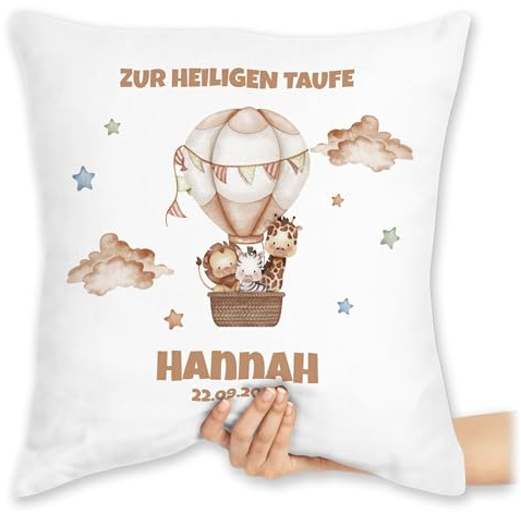 Kissen 40x40 Zierkissen - Zur heiligen Taufe | Taufgeschenk für Patenkind personalisiert - 40 x 40 cm - Weiß - taufkissen konfirmation Taufe￼ taufgeschenke Kommunion heißluftballon