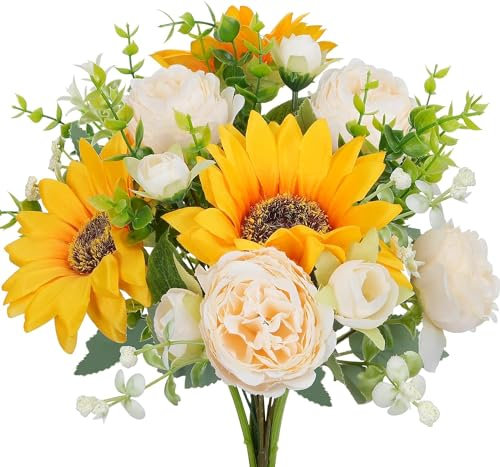 Künstliche Sonnenblumensträuße mit Stielen, Premium oxidationsbeständige Kunstblumen, realistische Seiden-Sonnenblumen für Heim- und Bürodekoration (Sonnenblume, weiße lilien, weiße gänseblümchen)