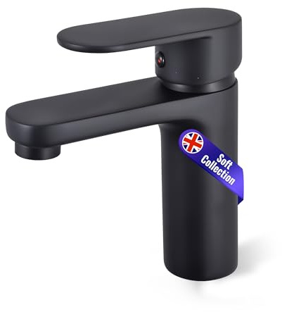 Soft Collection Emilia Bathroom Basin Mixer Tap,Premium Improved Quality Matte Black, Hot & Cold Controls, Leak-Resistant, 1-Hole Deck Mount Tap UK Standard, Supports TeamWater with Every Purchase