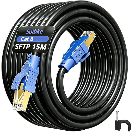 Soibke Cat 8 Ethernet Kabel 15 Meter Schwarz LAN Kabel High Speed | Netzwerkkabel Hochgeschwindigkeits Patchkabel SFTP Geschirmt WLAN RJ45 Gigabit für Modem Router