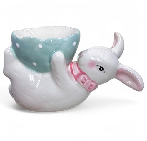 MIJOMA Portauovo a forma di coniglio, dipinto a mano e laccato, decorazione pasquale in porcellana, 12 x 6 x 7 cm, dolce accessorio pasquale per la colazione e la primavera (azzurro)