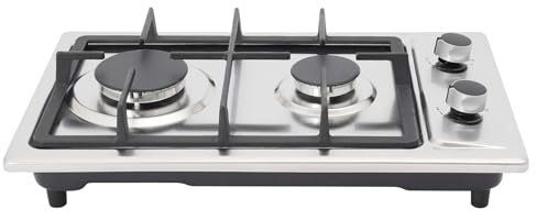 Qussse Piano cottura a gas a 2 luci, in acciaio inox, con tubo del gas da 1,5 m, NG/LPG, fornello a gas portatile con accensione piezoelettrica, 3000 W + 1750 W, per campeggio, camper, barche e casa