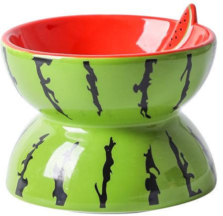 TIGOADT Gamelle Surélevée en Céramique pour Chat, Bol pour Chat Motif Pastèque, Peu Profonde à Gamelle avec Support, Bol Anti-Vomissement Adapté aux Chaton, Passe au Lave-Vaisselle (Vert)