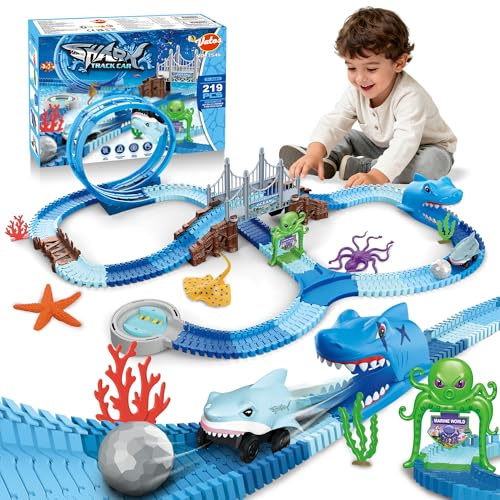 VATOS Shark Track Toys - 219 Pcs Flexible Race Track Set with 360° Loops, Electric Shark Car & Auto-rotating, Create a Shark Theme Road Race, STEM Toy Birthday for Boys Girls Ages 3-8
