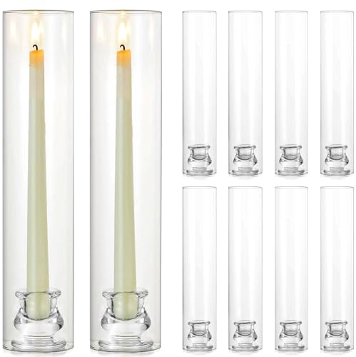 bimiti 10 Pcs Candle Holders Glass Hurricane Taper Candle Stick Stands | with Windproof Glass for Wedding Clear Hurricane Candlestick for Outdoor Party Christmas Table Dinner Fireplace