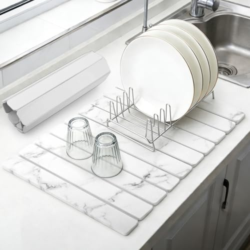 comfoyar Tappetino Asciuga Piatti in Pietra per Cucina, Tappetino Scolapiatti in Diatomite ad Asciugatura Rapida per Piatti Bottiglie Tazze Utensili, Assorbimento l'acqua, 60×39 cm, Bianco Marmo