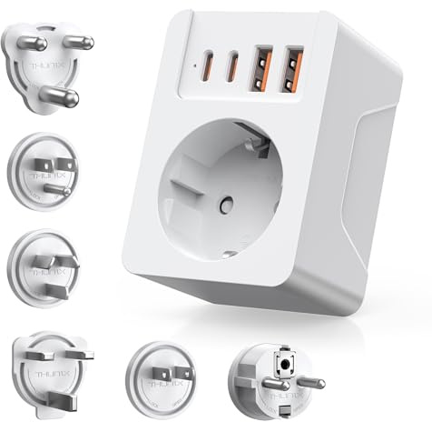 THUNIX Adaptador Enchufe Universal, Enchufe Universal Viaje con 2 USB y 2 USB C(PD20W), Adaptador de Viaje con 6 Enchufes reemplazables para USA, UK, Irland, Austuralia, Sudafrica,Japan-Blanco