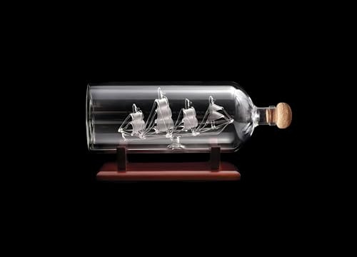 Handcrafted Glass Ship in a Bottle | 75cl Decanter with Cork & Stopper | Nautical Sailing Ship Display on Wooden Stand, 27cm Long Collectible Gift