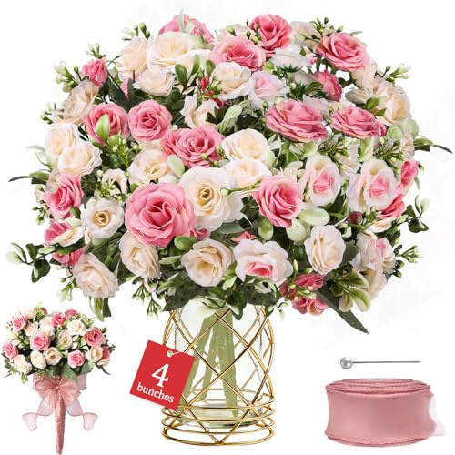 4 Bunches Pink Artificial Flowers Roses Bouquet, Faux Flower That Look Real, Pretty Fake Flowers for Wedding Party Table Centerpiece Bridal Bouquet Floral Arrangement Home Décor-With Organza Ribbon