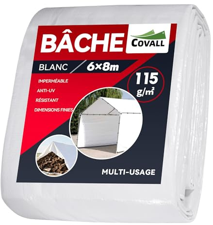COVALL Lona Impermeable Exterior 6x8 m– 115g/m², Blanco, con Ojales de Acero, Resistente al Desgarro, Lona Protectora Resistente a Intemperie y a Rayos UV, para Jardín, Piscina y Remolque