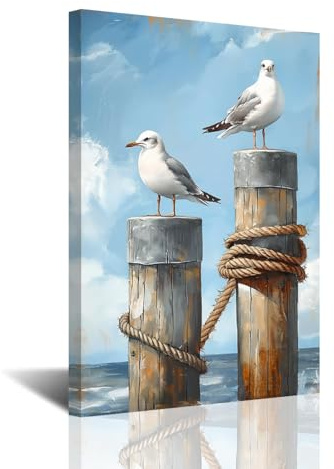 CXHOSTENT Leinwandbilder mit Küstenmöwen Maritime Badezimmerdekoration Möwen am Meer Strandvogel Motiv Blaue Ozean Wanddekoration für das Schlafzimmer(40.00 x 60.00 cms)