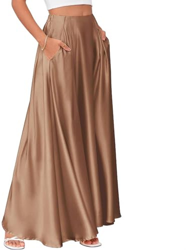 Yourumao Satin Skirts for Women Elasticated Waist Summer Long Maxi Skirts Lightweight A Line Flowy Skirt with Pockets Coffee M