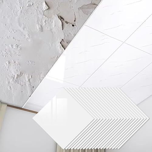 Vibeo White Ceiling Tiles Peel and Stick Hide Ugly, 60 x 60 cm Glossy Self Stick on Cladding Tile, Self Adhesive Waterproof Backsplash for Kitchen(70 pcs)