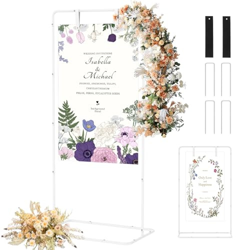 Adjustable Wedding Sign Stand Holder, 173x80x50cm Metal Easel Stand for Wedding Welcome Sign, for Displaying Poster with 4 Leather Straps(White)