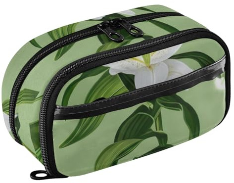 RPLIFE Blommig vita liljor gröna blad pennfodral för tonårstjejer stor kapacitet pennväska, flera fack skrivbordsorganisatör med klar PVC-ficka