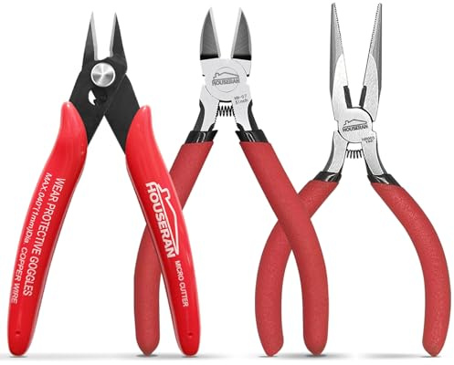 HOUSERAN Wire Cutters Set 5 Inch 3pc Flush Cutter & Side Cutter Kit | 3pc 5 tool kit with needle nose pliers, flush cutter and diagonal side cutters for zip ties and electronics.