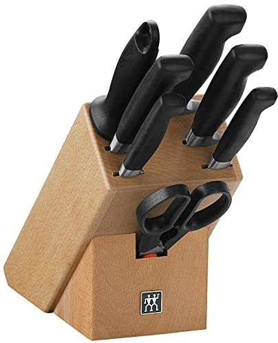 ZWILLING Vier Sterne Messerblock, 8-teilig, Holzblock, Messerset, Wetzstab und Schere, Rostfreier Spezialstahl, Ergonomischer Kunststoff-Griff, Schwarz [Made in Germany]