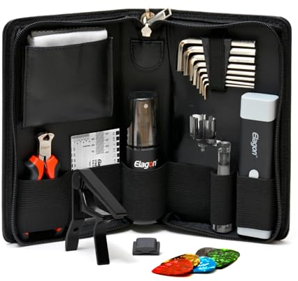 Elagon (+3) Pro Care Kit + 3 Items – Guitar Cleaning/Maintenance Kit + Capo, 5 Plectrums, Double Plectrum Holder. The Complete Maintenance/Setup Kit For All Guitars and All Guitarists!