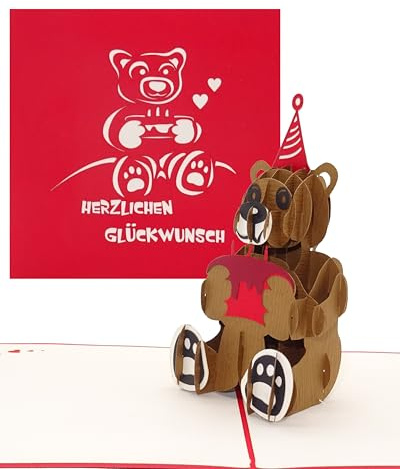 3D Geburtstagskarte „Teddybär mit Torte“ - Teddy Bär Pop Up Karte als Geschenkidee – Glückwunschkarte, Geschenk, Geschenkverpackung & Gutschein zum Geburtstag