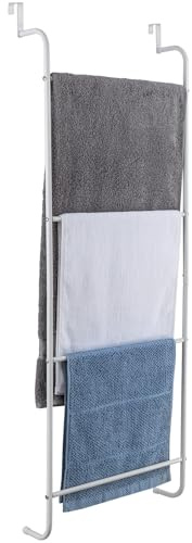 MyGift 4 Tier Over The Door Towel Rack, Bathroom Towel Holder Ladder, Space Saving Over Shower Door Drying Rack for Towels & Blankets, White Metal