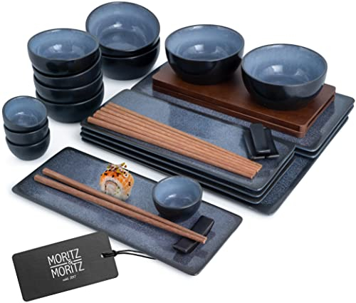 Moritz & Moritz Service Sushi pour 4 Personnes - 29 Pièces - Vaisselle Japonaise avec Assiette à Sushi 4x Assiette à Sushi, Bol à Miso, Petits Bols et Baguettes - Deco Japonaise