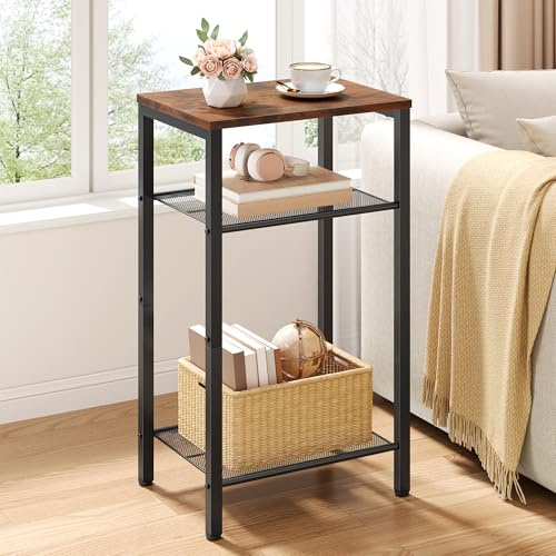 Hoctieon 3 Tier End Table, Telephone Table, Narrow Side Table with Storage, Nightstand for Small Spaces, Metal Frame, For Living Room, Bedroom, Sofa Couch, Hall, Easy Assembly, Rustic Brown