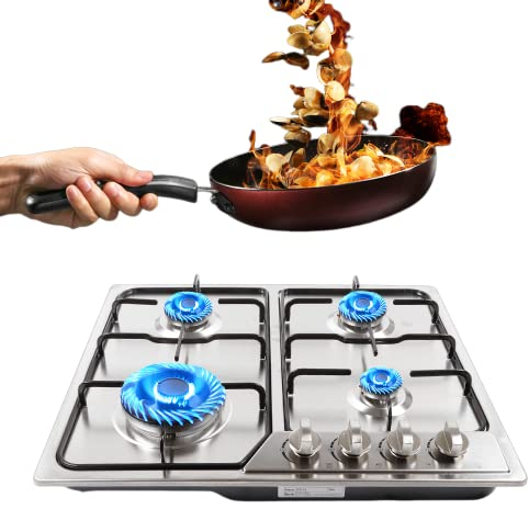 23 Zoll Gasherd Gaskochfeld 4-Flammen Küche Einbauherd Edelstahl Gas Herdplatte Automatische Abschaltung Brenner Für Erdgas/Propangas (4 Flammen)