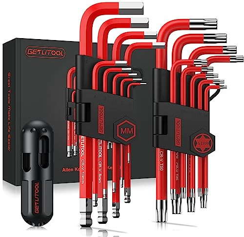 GETLITOOL Innensechskant Satz, 18tlg. Innensechskantschlüssel Kugel HX 1,5mm-10mm & Torx Winkelschlüssel TX T10-T50, Cr-V-Stahl, Profi Sechskantschlüssel Set klein ordentlich mit Halter T-Griff