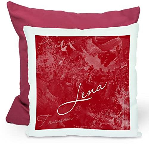CreaDesign, Kinder Kissen 40x40 cm personalisiert mit Namen, Kinderzimmer Deko Kissen Kinder mit Füllung Federn, Motiv Traum rot, Rückenfarbe Lila
