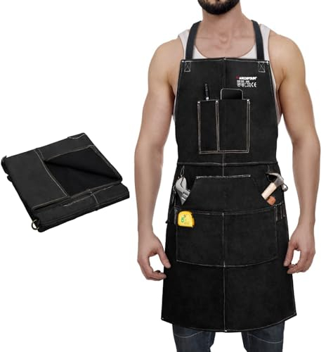 ARCCAPTAIN Lederschürze, Schweißerschürze Kochschürze BBQ Schürze aus Leder mit 6 Taschen, 36 Extra Groß & Langer Riemen, Grillschürze für Damen und Herren-Schwarz