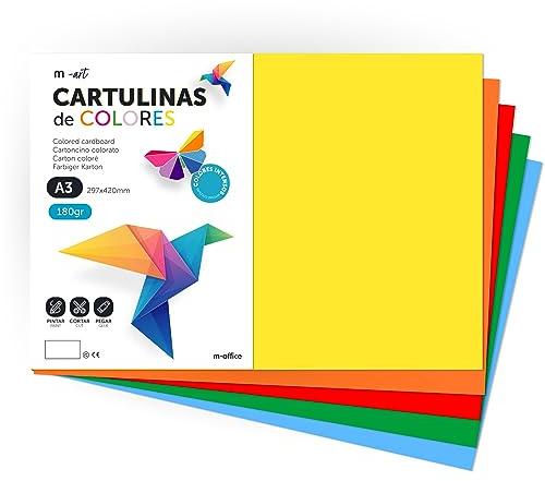 Cartone colorato, cartone A3, fogli colorati 180 g, cartoncino assortito colori intensi, ideale per artigianato, stampa i tuoi documenti e disegni creativi · m-office (50 ore, Surt. Intenso)