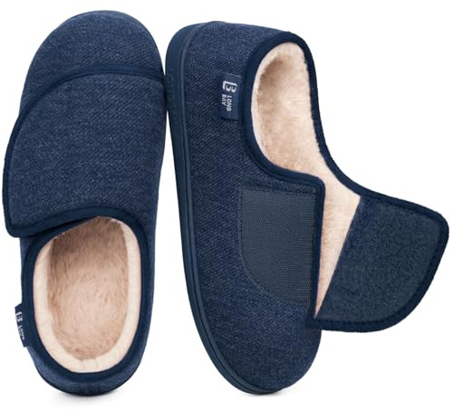 LongBay Women's Wide Fit Slippers Comfy and Cozy Memory Foam Indoor House Shoes for Diabetic Arthritis and Edema Navy Blue,7
