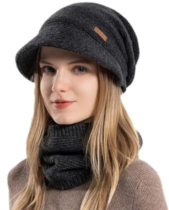 Whakano Winter Warm Basken Mütze Strick Schal Set,Damen Strickmütze Loop Schal,Mütze mit Visier Strickschal mit Fleecefutter,Wintermütze Strickmütze Set für Schule,Arbeit,Skifahren,Camping,Schwarz