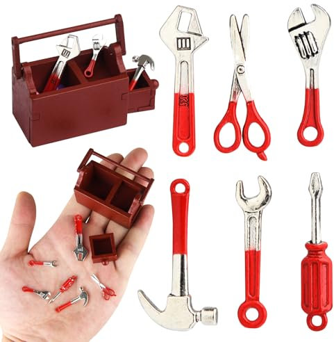7 Stück Holz Werkzeugkasten Miniatur Wichtel Zubehör,Miniatur Werkzeugkasten Reparaturwerkzeug Unkrautbekämpfungswerkzeug,Puppenhaus Zubehör,Weihnachtswichtel Zubehör Werkzeugkasten