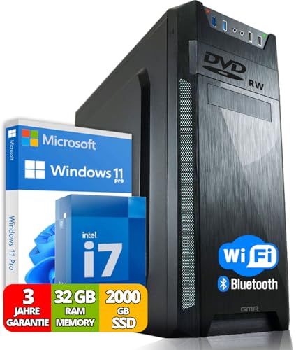 Ultra Intel i7 PC - Schneller Rechner + Computer für Büro & Home Office mit 32GB RAM/Arbeitsspeicher - 1000GB SSD - DVD+RW - USB3.0 - WiFi 600 und Bluetooth 5 - Win 11 Pro