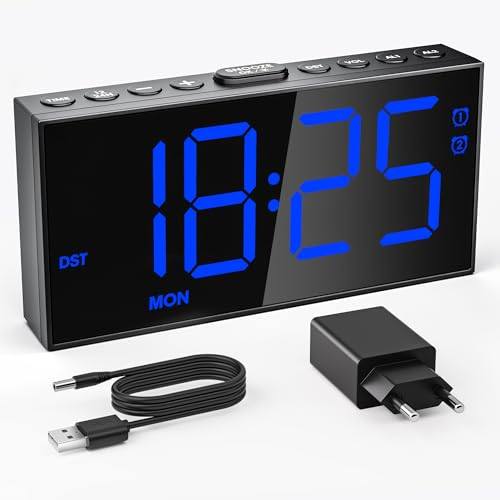 Mesqool Sveglia Digitale, Doppia Sveglia con Modalità Giorno Lavorativo/Weekend, Caricatore USB Type-C, Controllo del Volume & Della Luminosità a 5 Livelli, Snooze, 12/24H, DST (Blu)