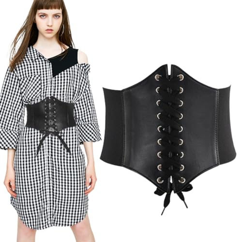 VODAFQS Ceinture Corset pour Femme Cuir Corset à Lacets Ceinture Élastique Ceinture Rétro Cinch Noir