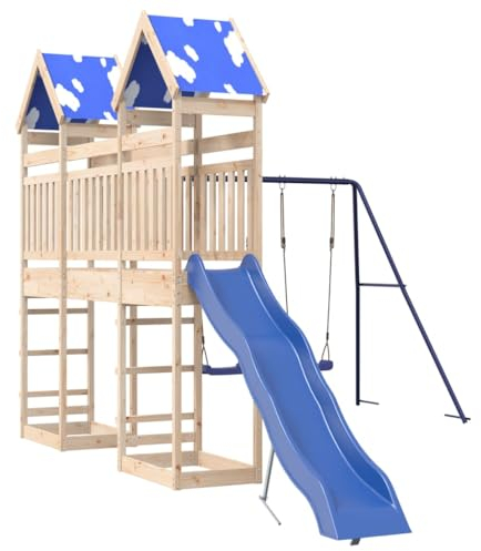 vidaXL Spielturm, Klettergerüst mit Dach Schaukeln Rutsche Brücke, Kinder Kletterturm Spiel-Zubehör für Garten, Holz Spielplatz Spielhaus, Massivholz Kiefer