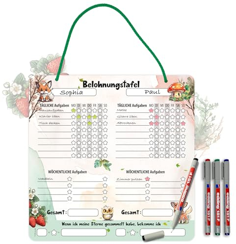 TOBJA Belohnungstafel für Kinder Ab 3 - Aufgabenplaner für Zwei | Sternesystem zur Motivation | Abwischbar | Ideal für Routine Planer (Inkl. 4 Stifte)
