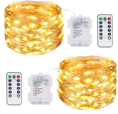 Kolpop Fairy Lights Battery Operated with Remote, 2 Pack 12M 120LED String Light Battery Powered with Timer & 8 Mode, Waterproof Warm White Christmas Twinkle Lighting Indoor Outdoor