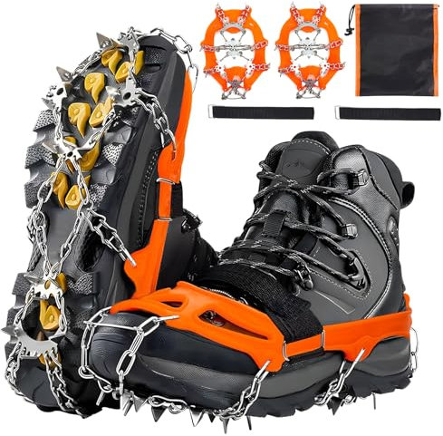 Steigeisen für Bergschuhe, 18 Anti-Rutsch Steigeisen Schuhspikes aus Edelstahl für Wanderschuhe, Spikes zum Walking, Joggen, Klettern und Wandern, XL (Orange)