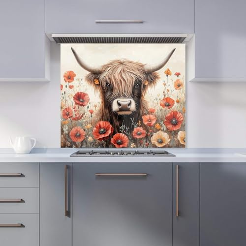 Premium Highland Cow And Summer Flowers Kitchen Splashback 6mm Toughened Glass Kitchen Splashback – Heat Resistant Splashback for Kitchens, Perfect for Cookers and Hobs, Polished Edges