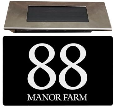 KreateSquare Personalised Door Number Plaques with Solar Light House Sign, Engraved Address Plaques for Homes, Front Door Signs, Wall Mounted Name Plates, lighted house numbers (Black, Design 11)