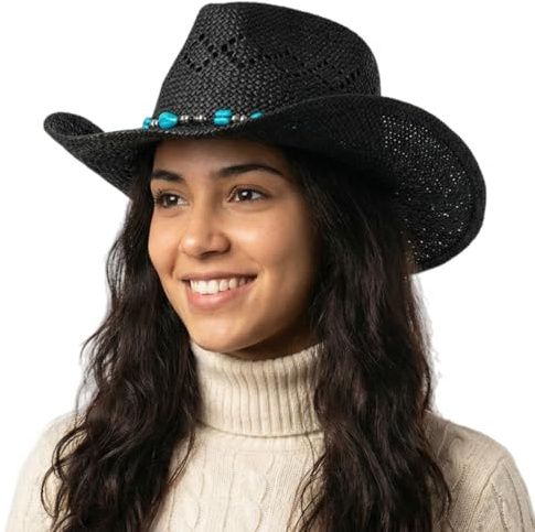 HIQIU Cowboyhut aus Stroh für Damen, Western-Cowgirl-Hut, Cowgirl-Hut mit Perlenbesatz und formbarer Krempe (DE/NL/SE/PL, Alphanumerisch, Einheitsgröße, M, Schwarz)