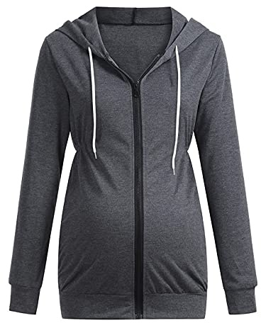 Petite - Vestidos de maternidad para mujer, embarazo, casual, con cremallera, con bolsillos, manga larga, sudadera con capucha, blusa de maternidad, camisa de maternidad, gris oscuro, M