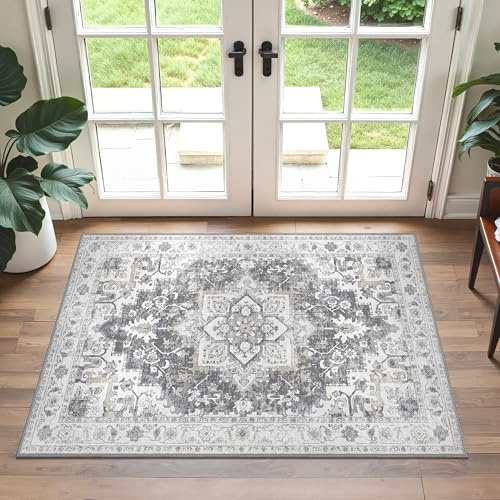 GENIMO Small Rug 60x90cm Grey Bohemian Rug – Machine Washable Non-Slip Door Mat,Printed Doormats for Entrance, Entryway, Corridor